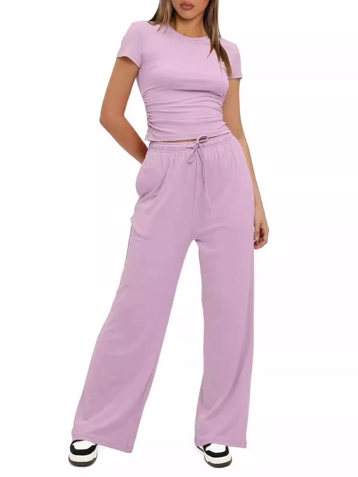 Round Neck Short Sleeve T-Shirt and Pants Two-piece Loungewear Set