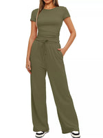 Round Neck Short Sleeve T-Shirt and Pants Two-piece Loungewear Set Army Green