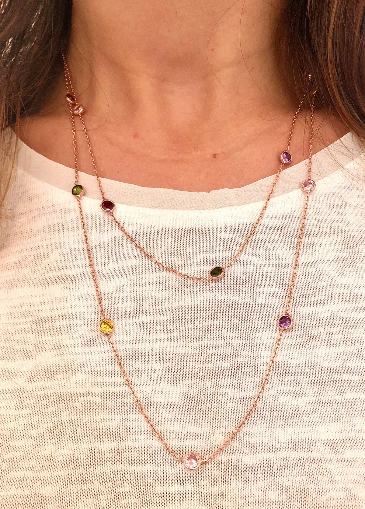 110cm Long Chain Necklace with Coloured Stones 110cm Rainbow Rose gold plated silver