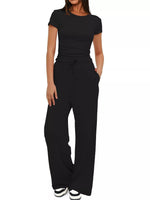 Round Neck Short Sleeve T-Shirt and Pants Two-piece Loungewear Set Black
