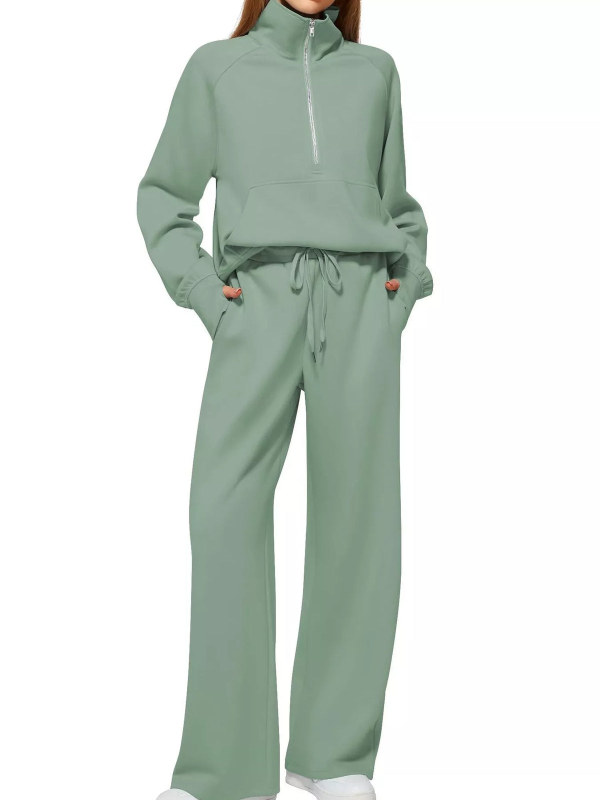 Half-Zip Sweatshirt and Wide-Leg Pants Two-piece Loungewear Set Light Green
