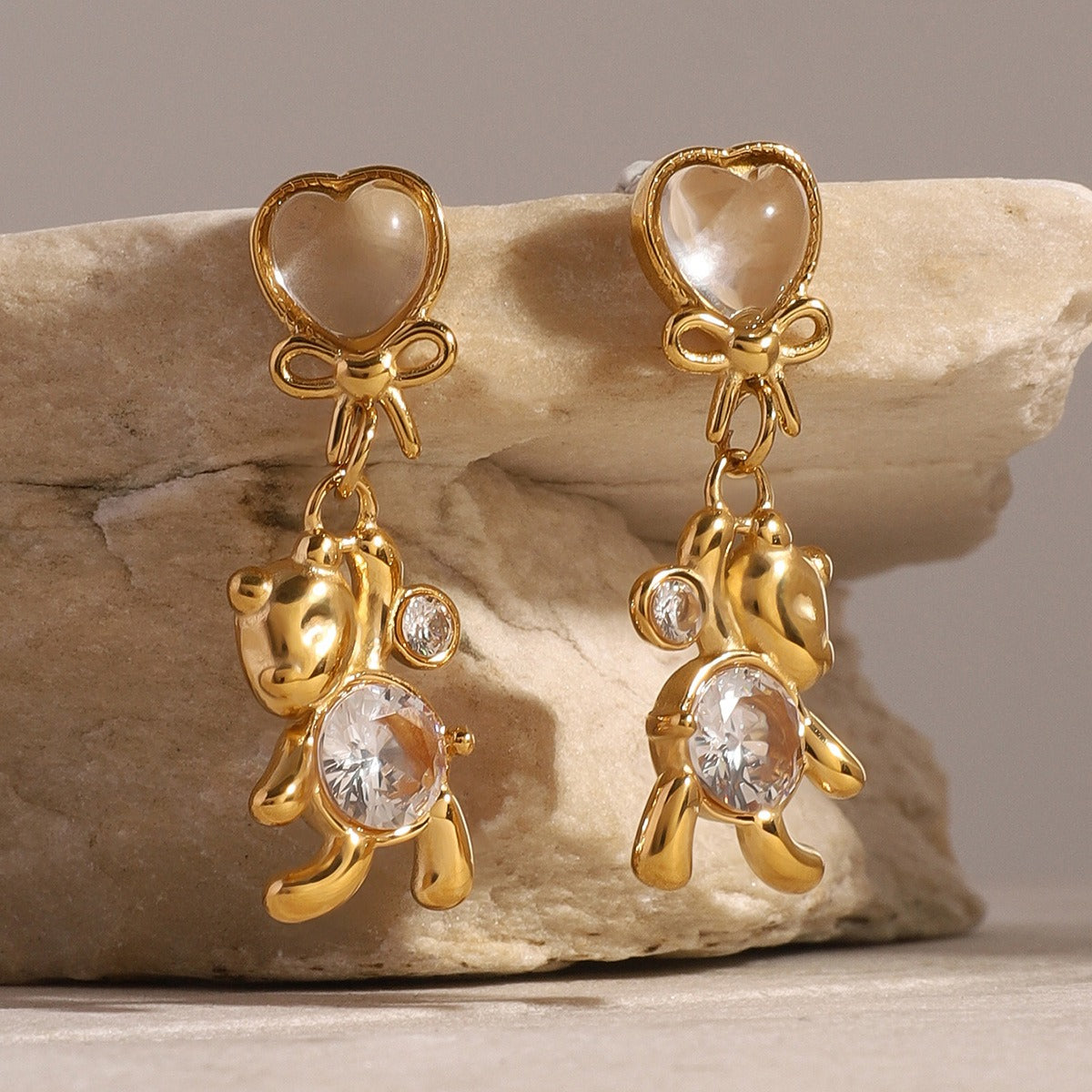 18K Gold Bear-shaped Gemstone Earrings with Bow Design