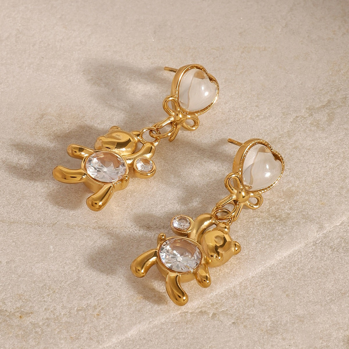 18K Gold Bear-shaped Gemstone Earrings with Bow Design