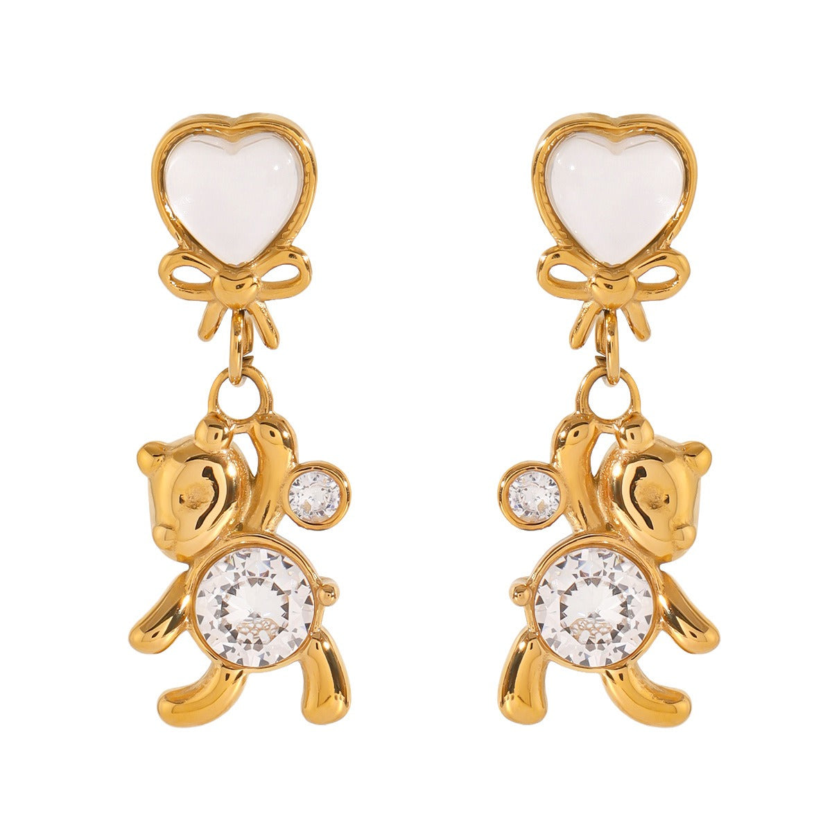 18K Gold Bear-shaped Gemstone Earrings with Bow Design