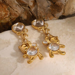18K Gold Bear-shaped Gemstone Earrings with Bow Design