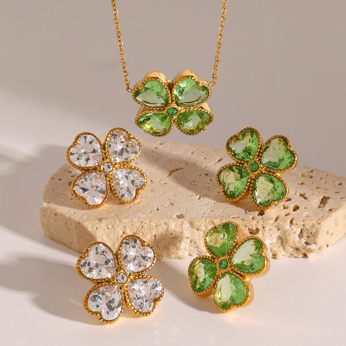 18K Gold Four-Leaf Clover Inlaid Gemstone Earrings & Necklace Set