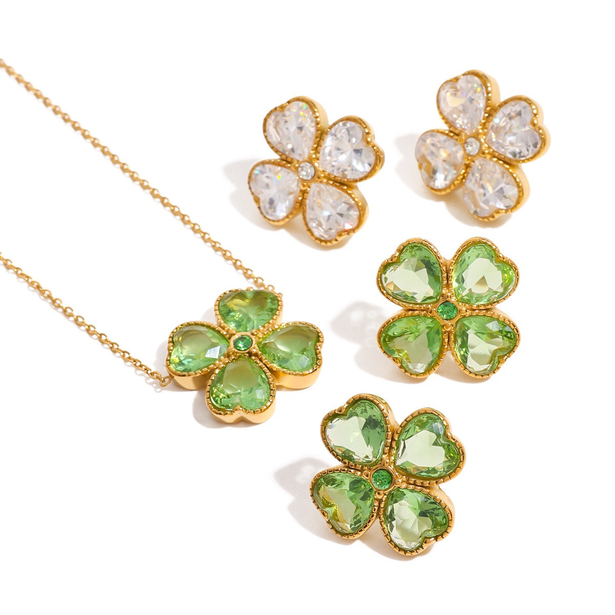 18K Gold Four-Leaf Clover Inlaid Gemstone Earrings & Necklace Set