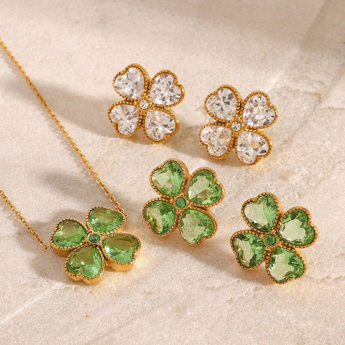 18K Gold Four-Leaf Clover Inlaid Gemstone Earrings & Necklace Set