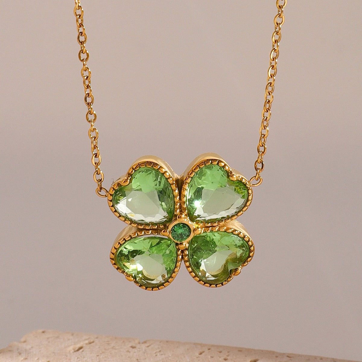 18K Gold Four-Leaf Clover Inlaid Gemstone Earrings & Necklace Set