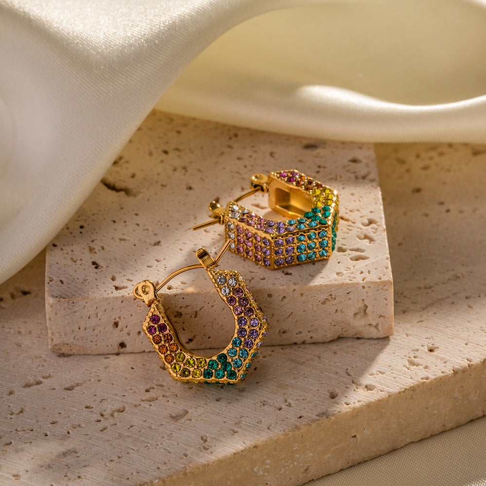18K Gold Multicolour Geometric Diamond-Plated Earrings