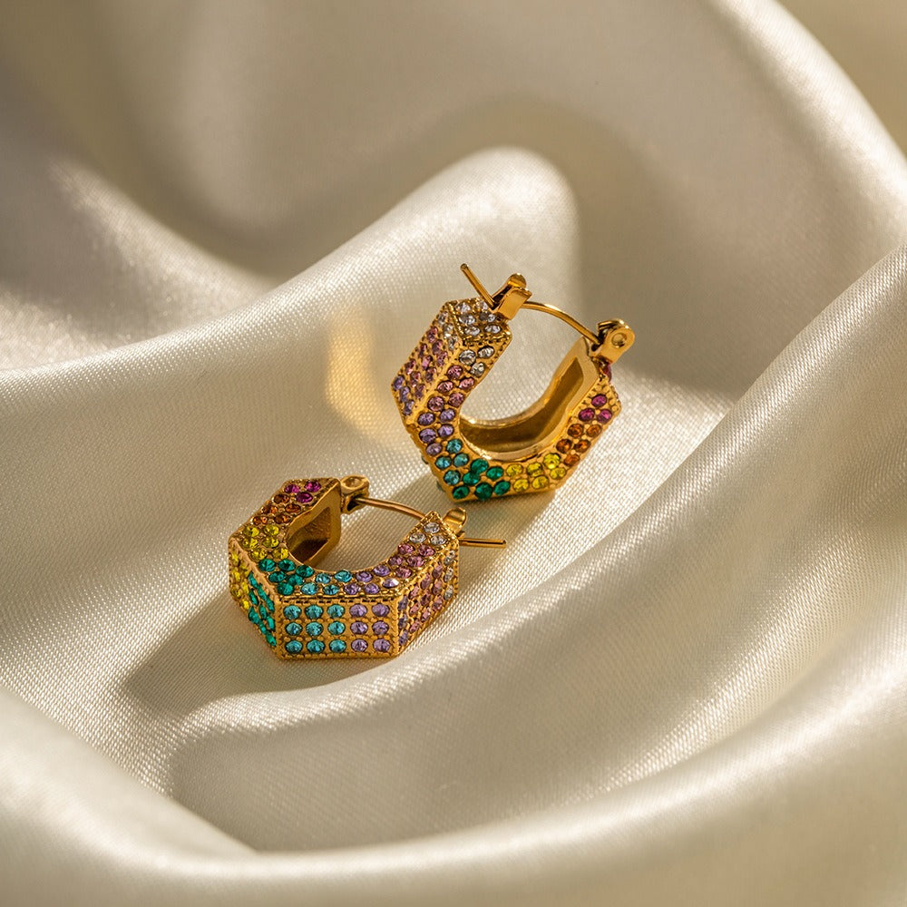 18K Gold Multicolour Geometric Diamond-Plated Earrings