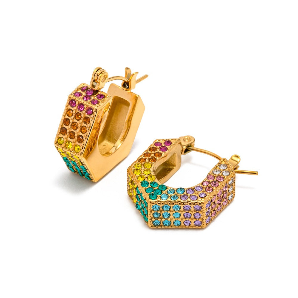 18K Gold Multicolour Geometric Diamond-Plated Earrings