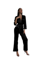 ELEGANCE Black 2 Piece Tie Waist Satin Loungewear Set
