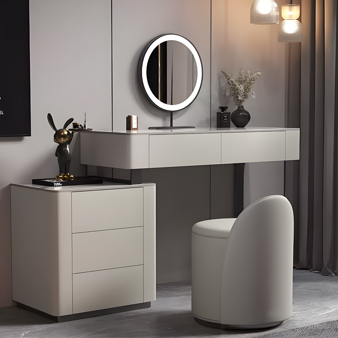 Paulina Modern Dressing Table Mirror With Drawers & LED Light, Solid Wood