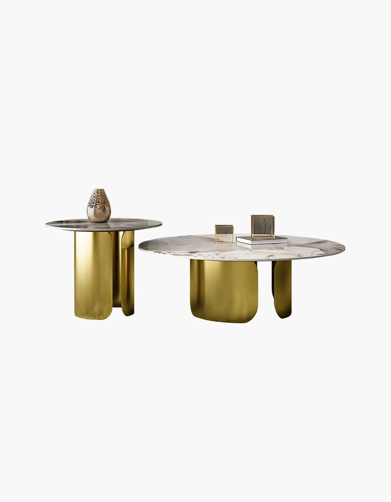 Maru Nesting Coffee Table Set, Sintered Stone Top With Gold Base