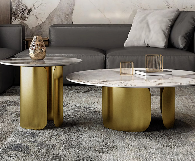 Maru Nesting Coffee Table Set, Sintered Stone Top With Gold Base
