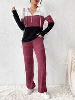 Color Block Half Zip Hooded Top and Pants Loungewear Set