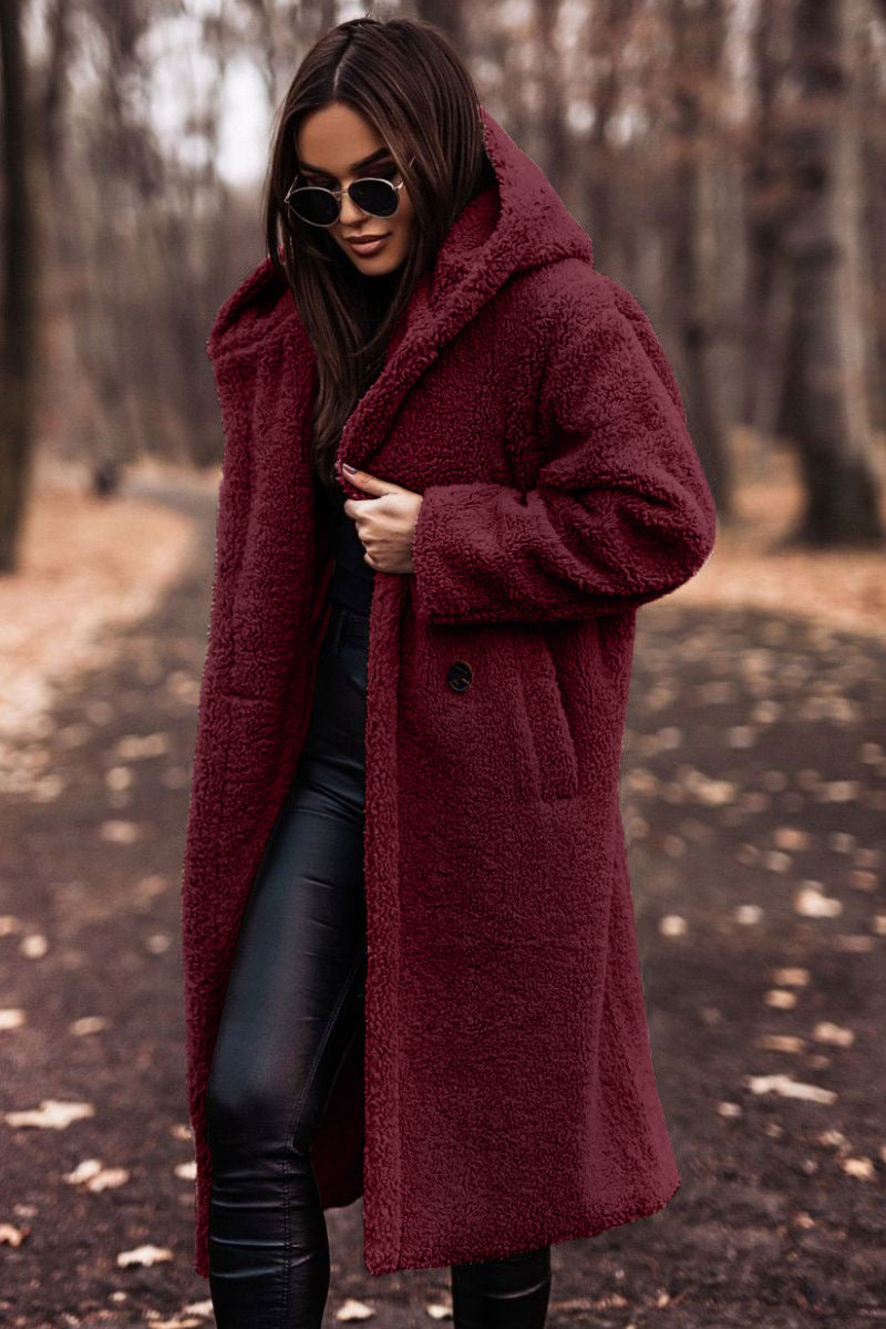 Autumn Winter Women’s Fashion Elegant Plush Warm Faux Fleece Long Teddy Coat Wine Red
