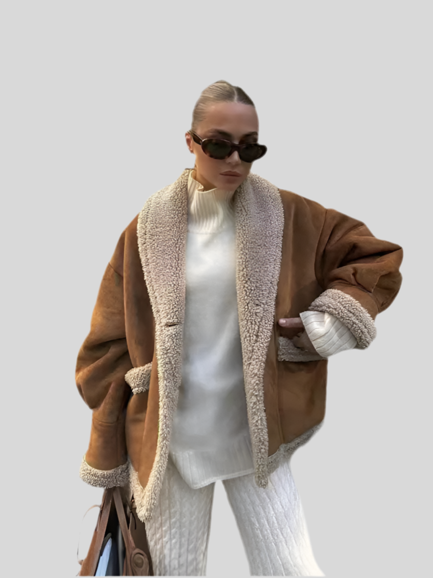 Women's Retro Lapel Loose Faux Suede Shearling Coat in Tan Brown