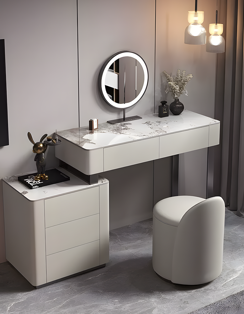 Paulina Modern Dressing Table Mirror With Drawers & LED Light, Solid Wood