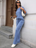 Ribbed Round Neck Top and Pants Two-piece Loungewear Set