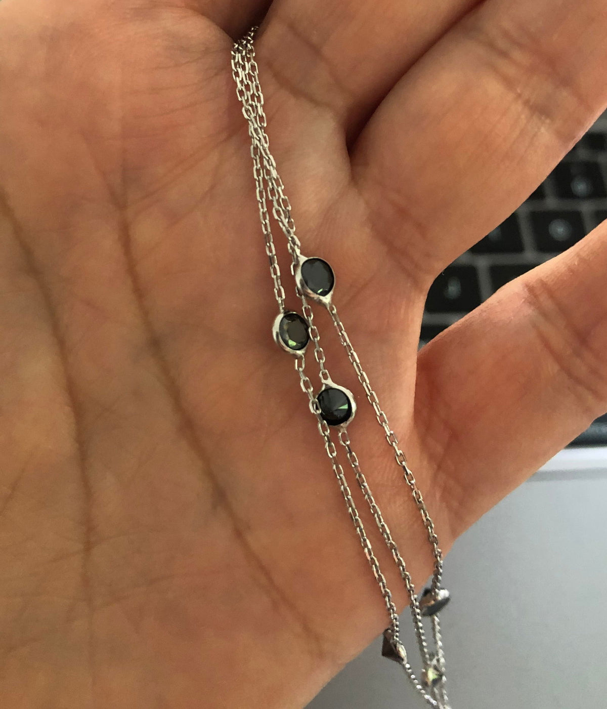 3 Row Bracelet with Stones Silver Black Stones