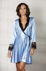Shirley of Hollywood Blue/Black Lace Short Satin Robe