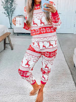 Christmas Element Round Neck Top and Pants Two Piece Loungewear Set Red