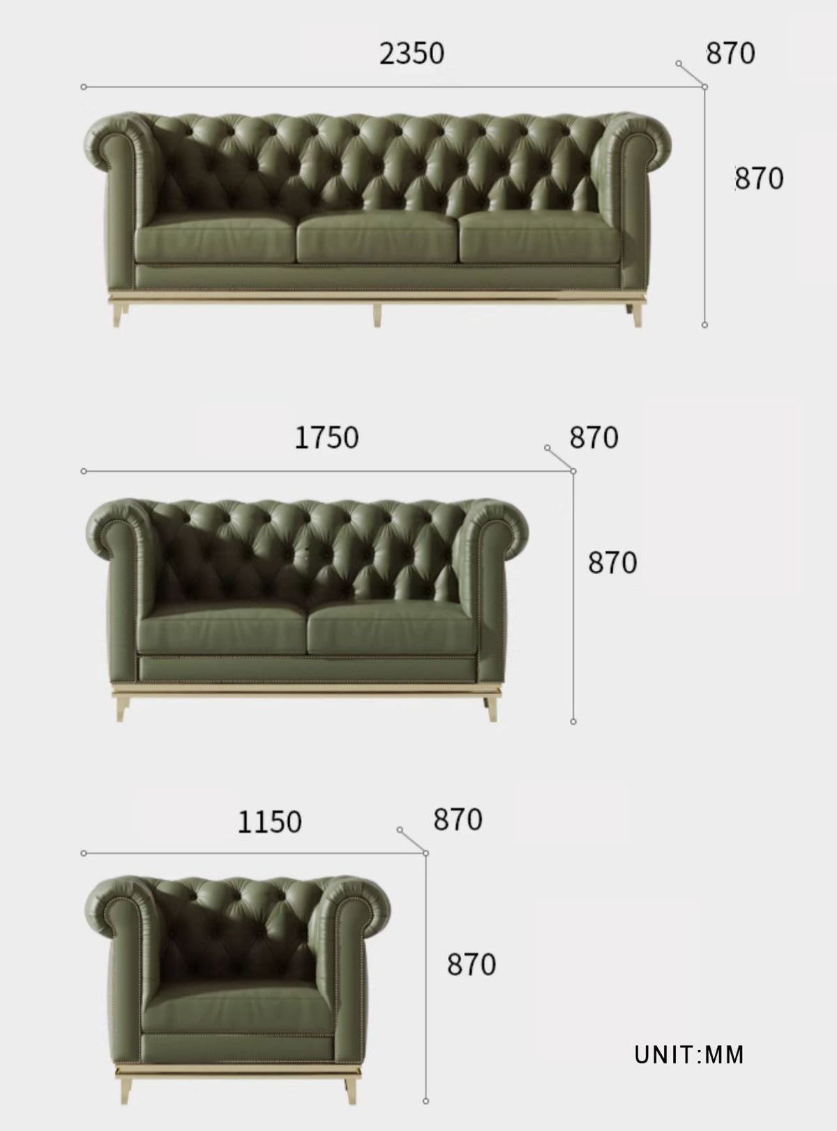 Abbado Chesterfield Three Seater Sofa, Real Leather