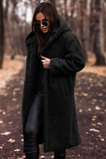 Autumn Winter Women’s Fashion Elegant Plush Warm Faux Fleece Long Teddy Coat Black