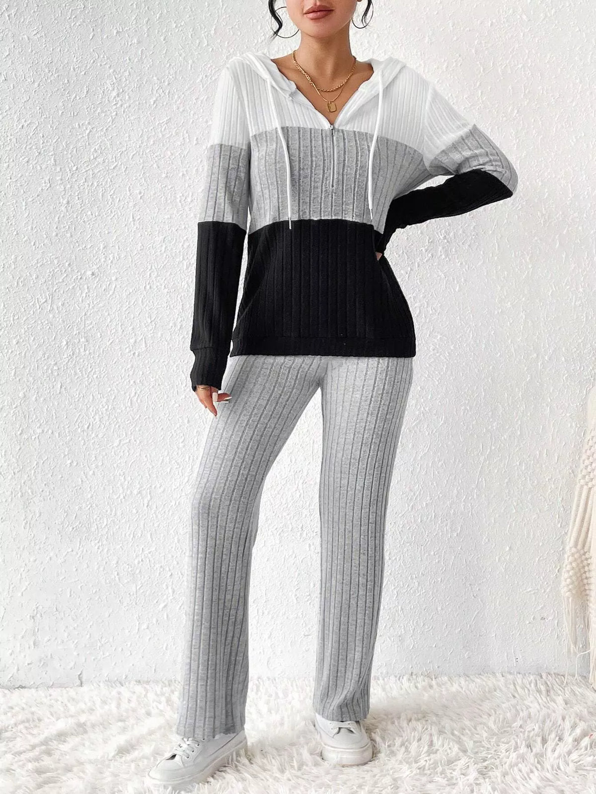 Color Block Half Zip Hooded Top and Pants Loungewear Set