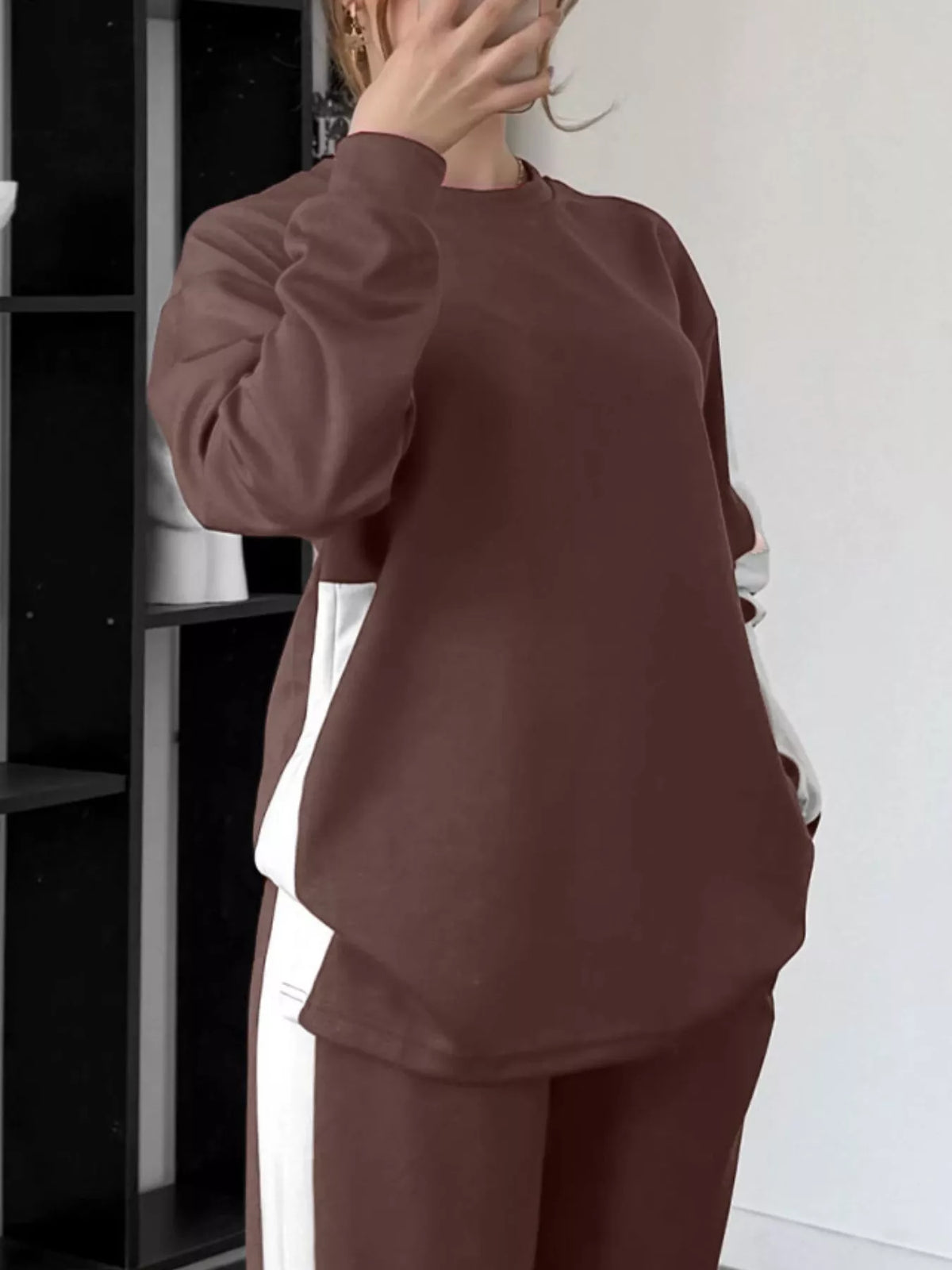 Full Size Contrast Round Neck Top and Pants Loungewear Set