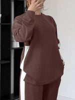 Full Size Contrast Round Neck Top and Pants Loungewear Set