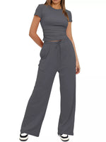 Round Neck Short Sleeve T-Shirt and Pants Two-piece Loungewear Set Grey