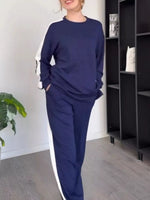 Full Size Contrast Round Neck Top and Pants Loungewear Set