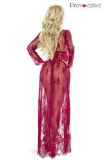 Provocative Elegant Lace Robe Wine Red & Thong Set