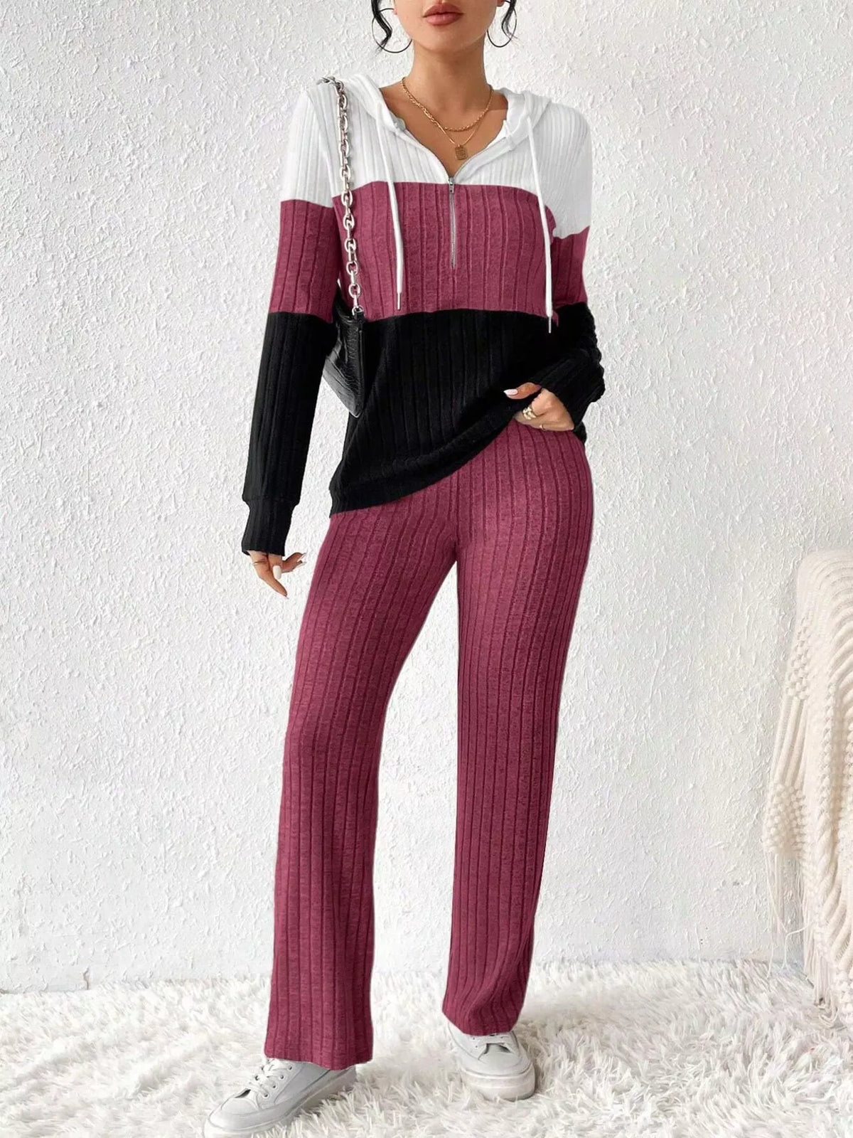 Color Block Half Zip Hooded Top and Pants Loungewear Set