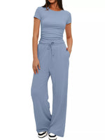 Round Neck Short Sleeve T-Shirt and Pants Two-piece Loungewear Set Blue