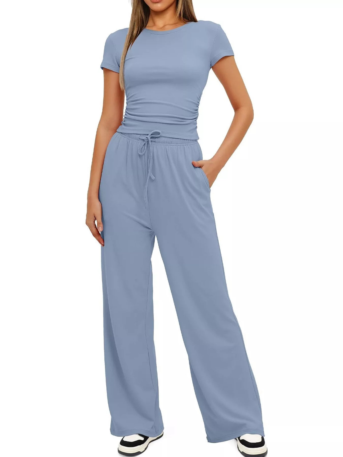 Round Neck Short Sleeve T-Shirt and Pants Two-piece Loungewear Set