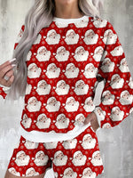 Christmas Santa Print Round Neck Top and Shorts Two Piece Loungewear Set Deep Red