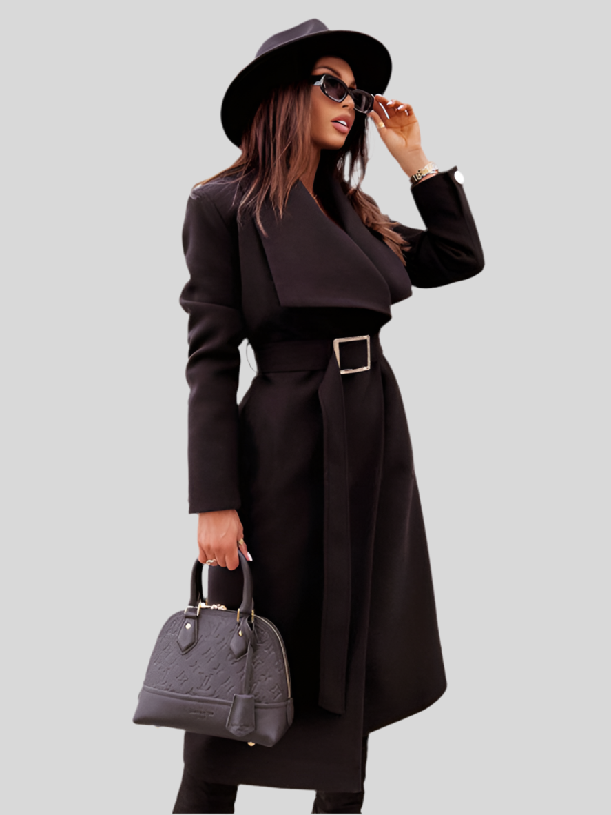 Women's Belted V-Neck Long-Sleeved Woolen Coat