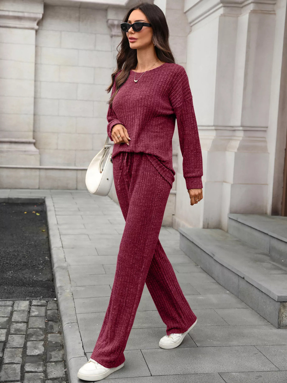 Ribbed Round Neck Top and Pants Two-piece Loungewear Set