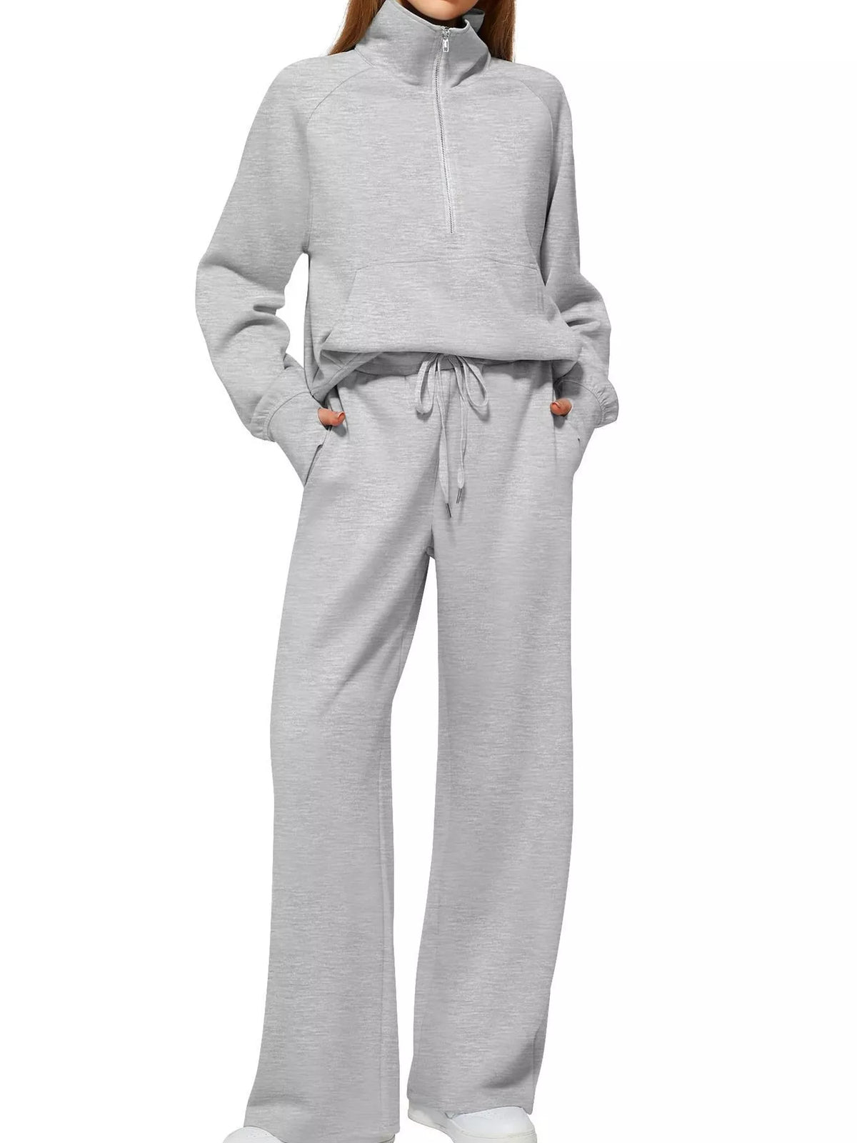 Half-Zip Sweatshirt and Wide-Leg Pants Two-piece Loungewear Set Light Gray