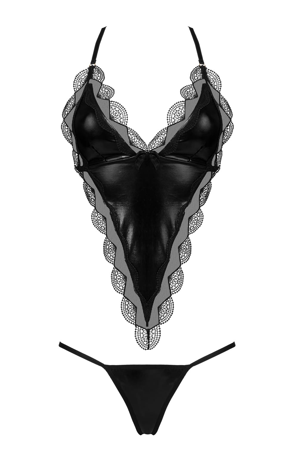 Beauty Night Angie Wet Look Lace Top & Thong Lingerie Set in Black