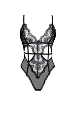 Beauty Night Peyton Sheer Lace Mesh Deep V Boning Teddy Black