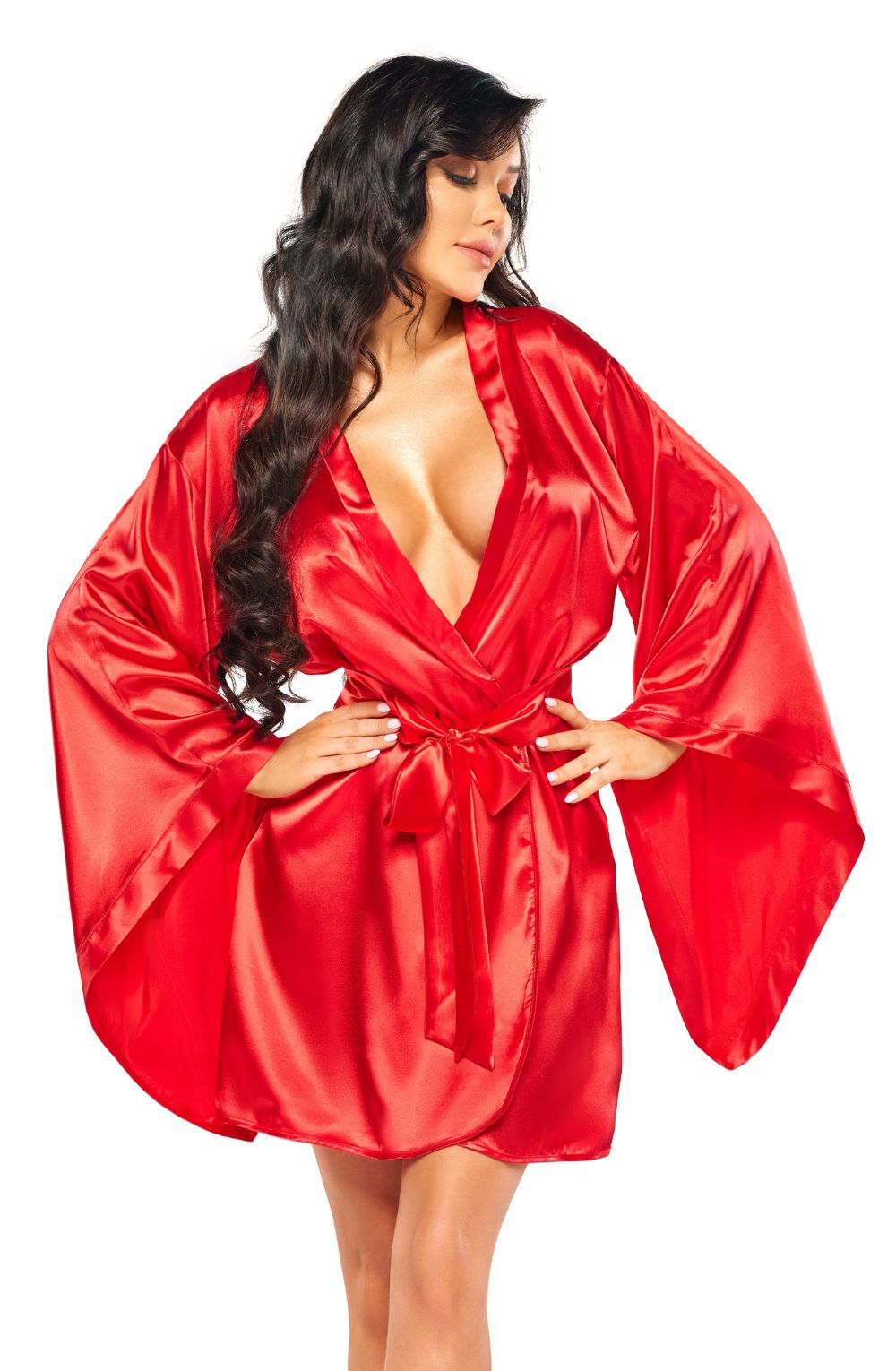 Beauty Night Samira Shiny Wide Sleeve Belted Peignoir Red