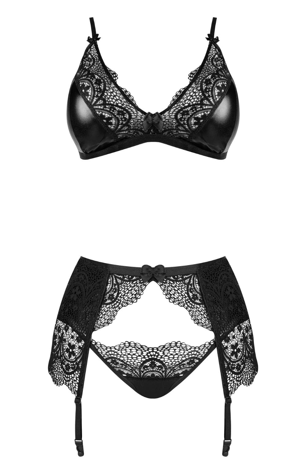 Beauty Night Obsidian Desire Wet Look 3 Piece Lingerie Set Black