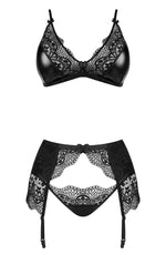 Beauty Night Obsidian Desire Wet Look 3 Piece Lingerie Set Black