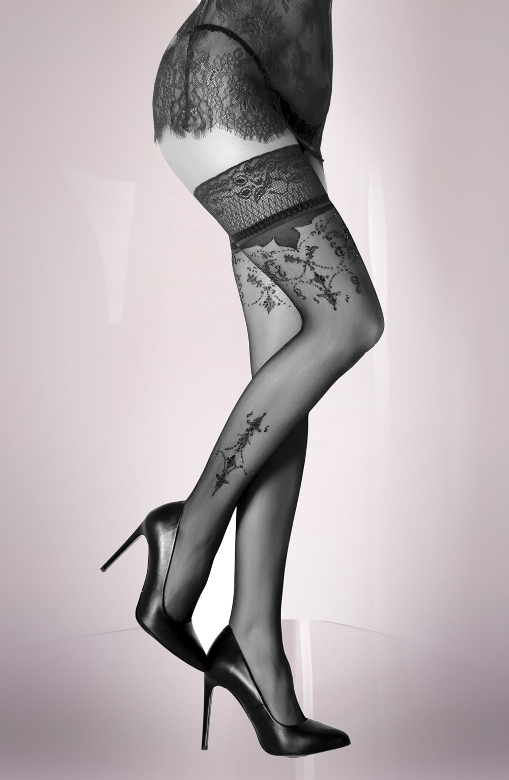 Black Secret Sheer Hold Ups in Black with Bordeaux Red Detail