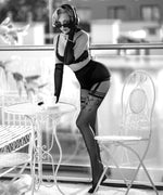 Black Secret Two Tone Effect Sheer Crotchless Open Crotch Tights with Faux Suspender Belt in Black